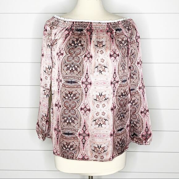 ASOS Border Print Satin Off Shoulder Top Pink Size Small - Picture 2 of 10